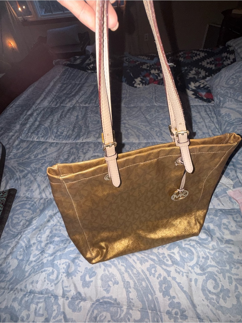 Michael Kors Gold Tote with Pale Pink Straps